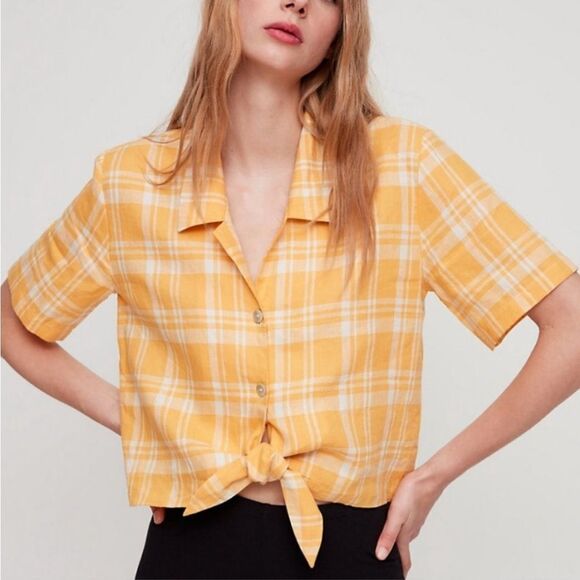 Aritzia Wilfred 100% Linen Plaid Tie Front Top - Picture 1 of 12